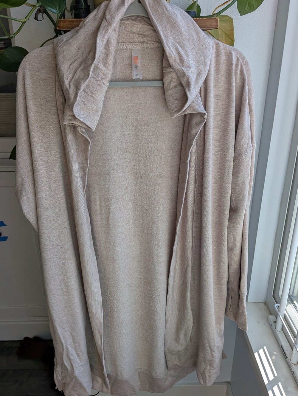 Mono B Hooded Longline Cardigan S Beige Heather Fleece Lined Athleisure Thumbhol